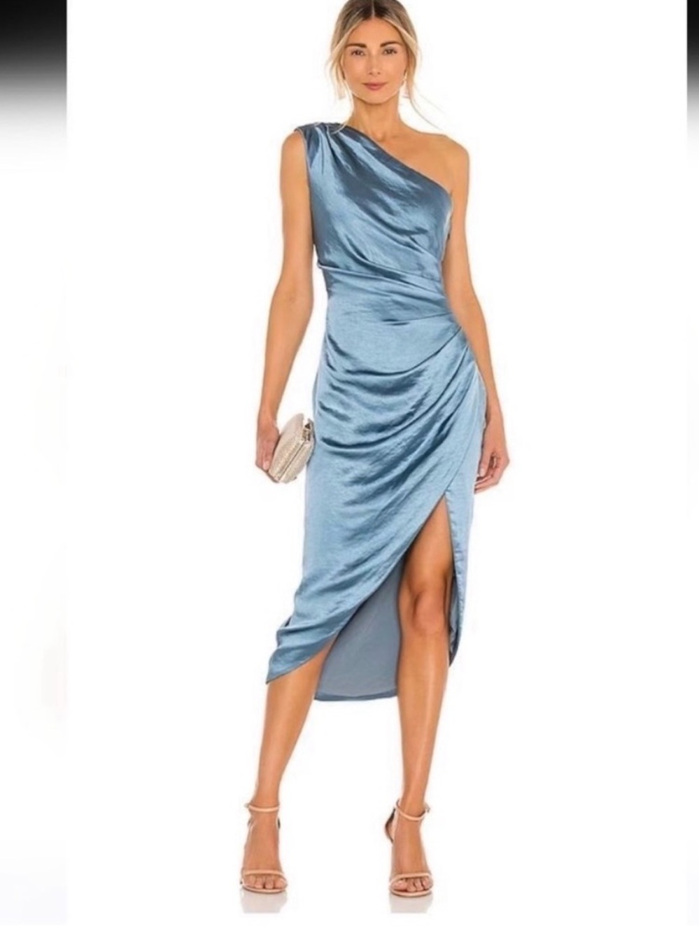 Elliatt x Revolve Cassini One Shoulder Blue Silk Slit Dress - M EUC